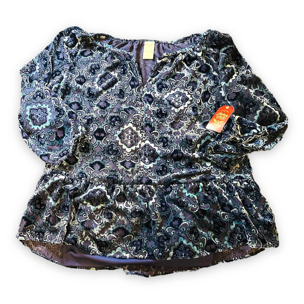 Faded Glory Blue Purple Floral Sheer V-Neck 3/4 Sleeve Layered Blouse Size XL